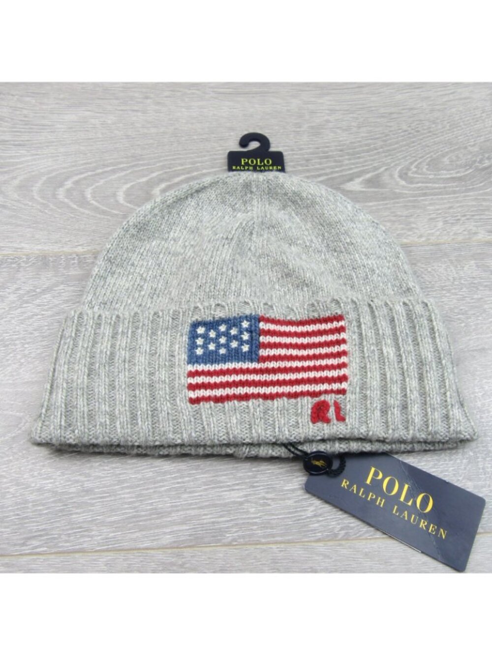 Polo Ralph Lauren RL Wool Knit USA Flag Beanie Adult One Size Grey NEW - Picture 3 of 9
